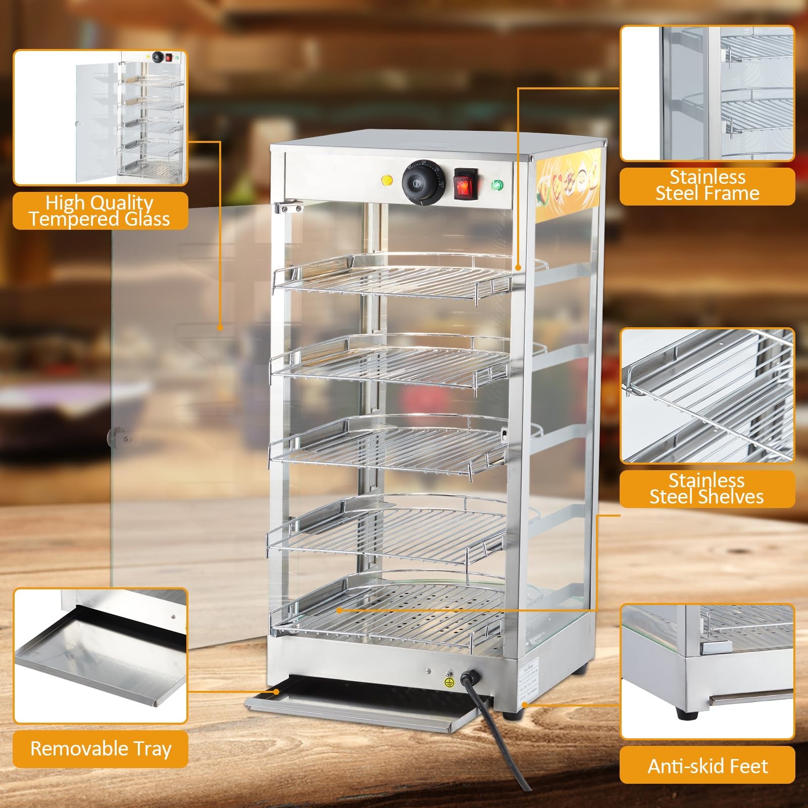 5 Tiers Commercial Food Warmer Display, 14 in 800W Electric Countertop Pizza War