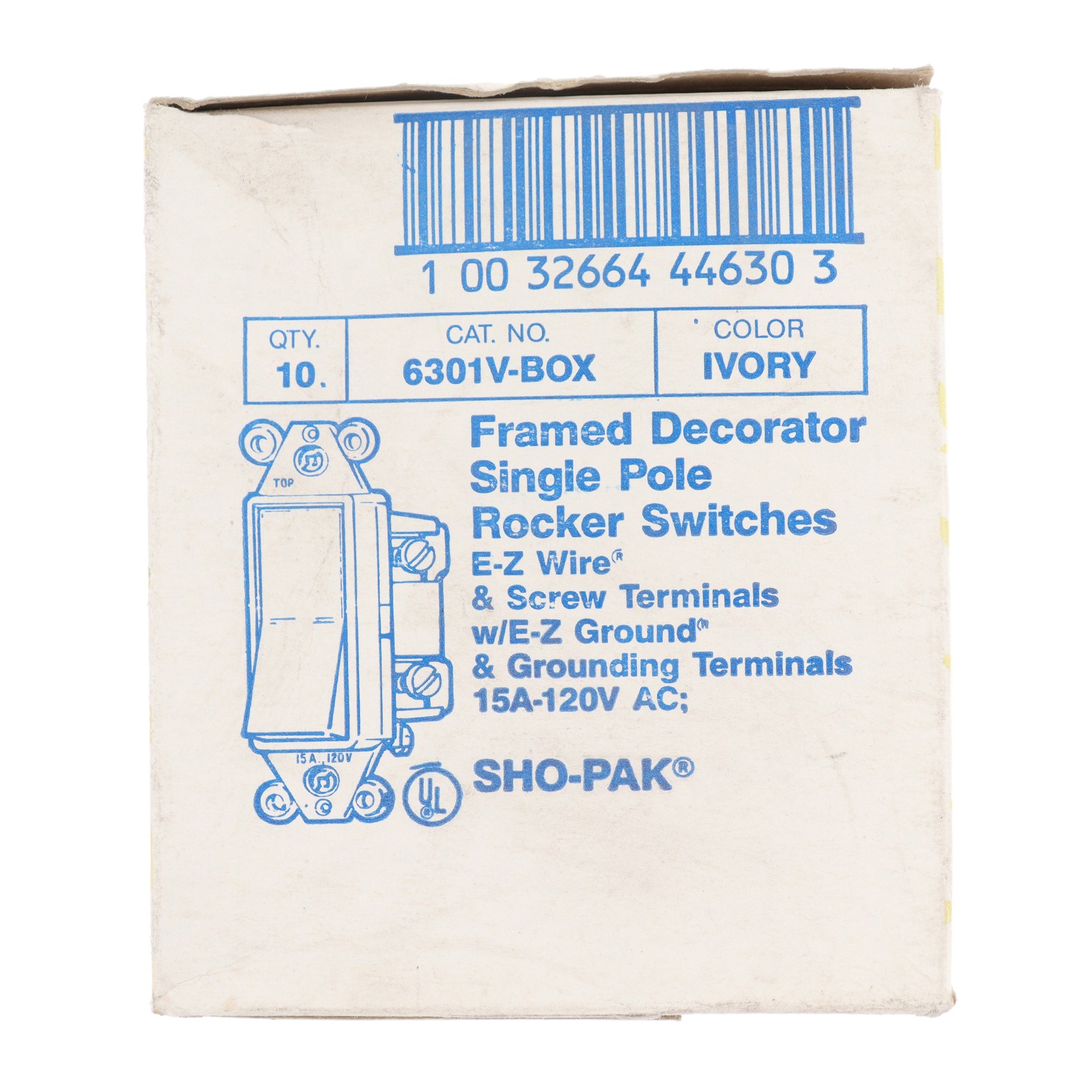 EAGLE 6301V-BOX FRAMED DECORATOR ROCKER SWITCH, 1-POLE 15A 120V, IVORY (10-PACK)