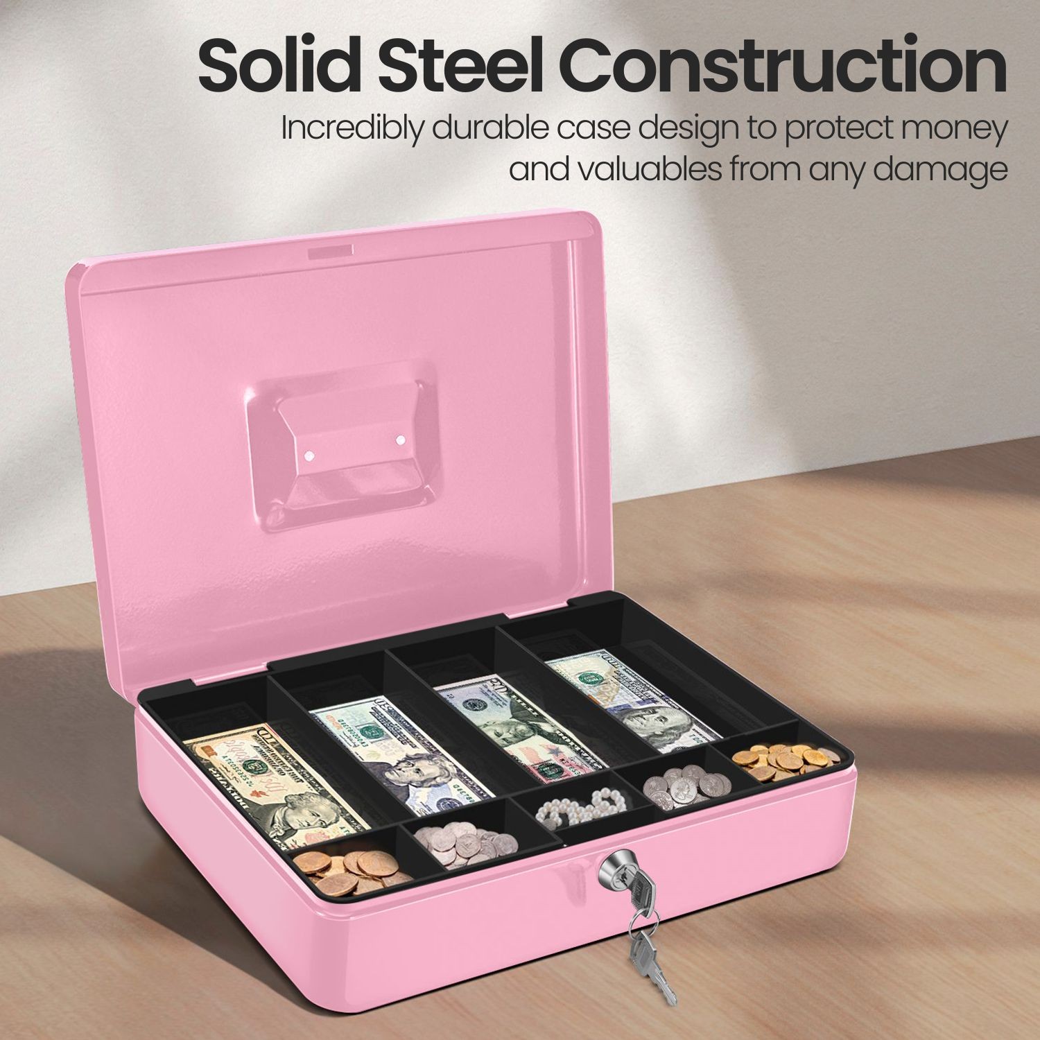 Cash Box with Money Tray, 2 Keys, Security Lock Box w/ Removable 9 Compartment