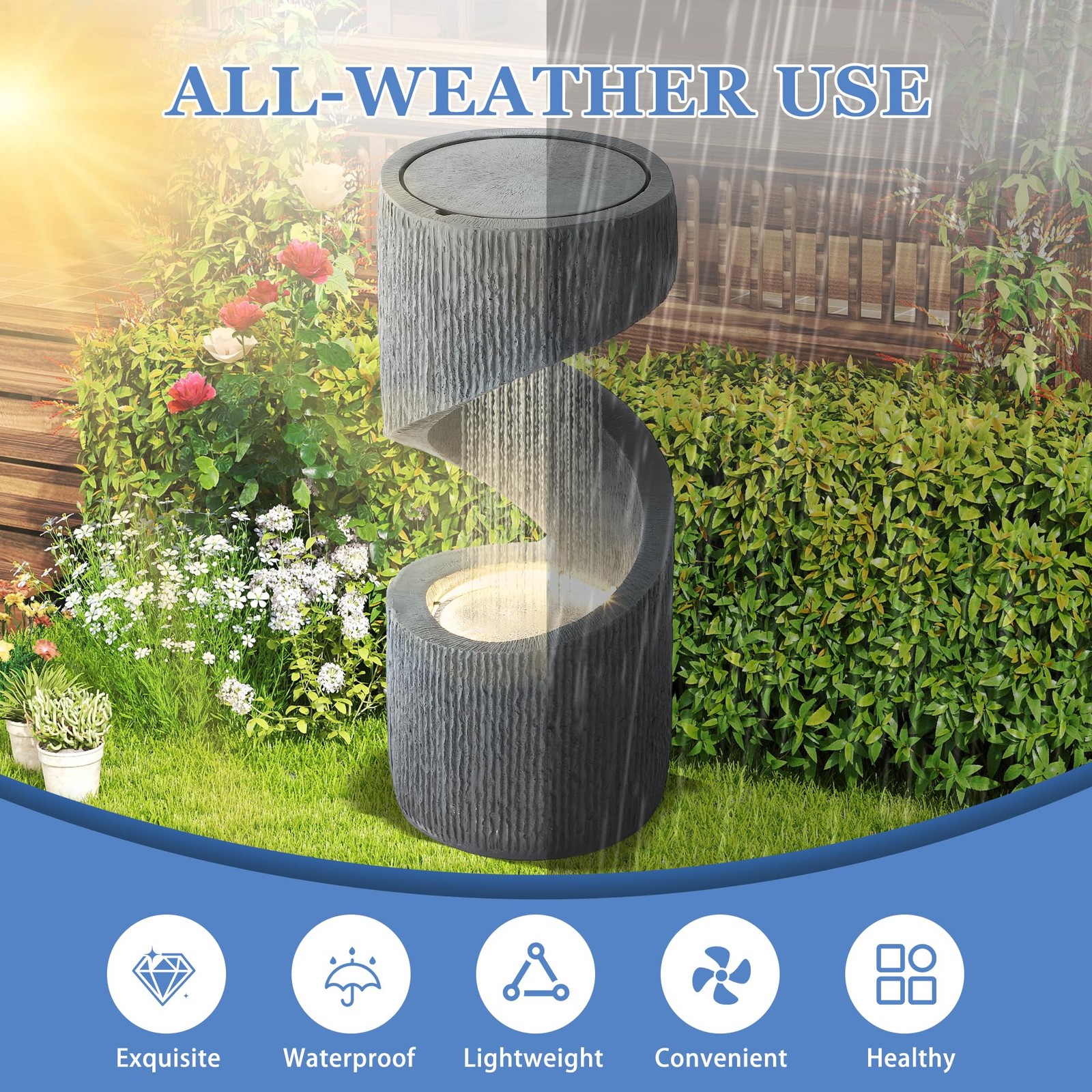 31.9″ S-Shaped Water Fountain LED Lights Cascading Indoor Outdoor Floor Standing