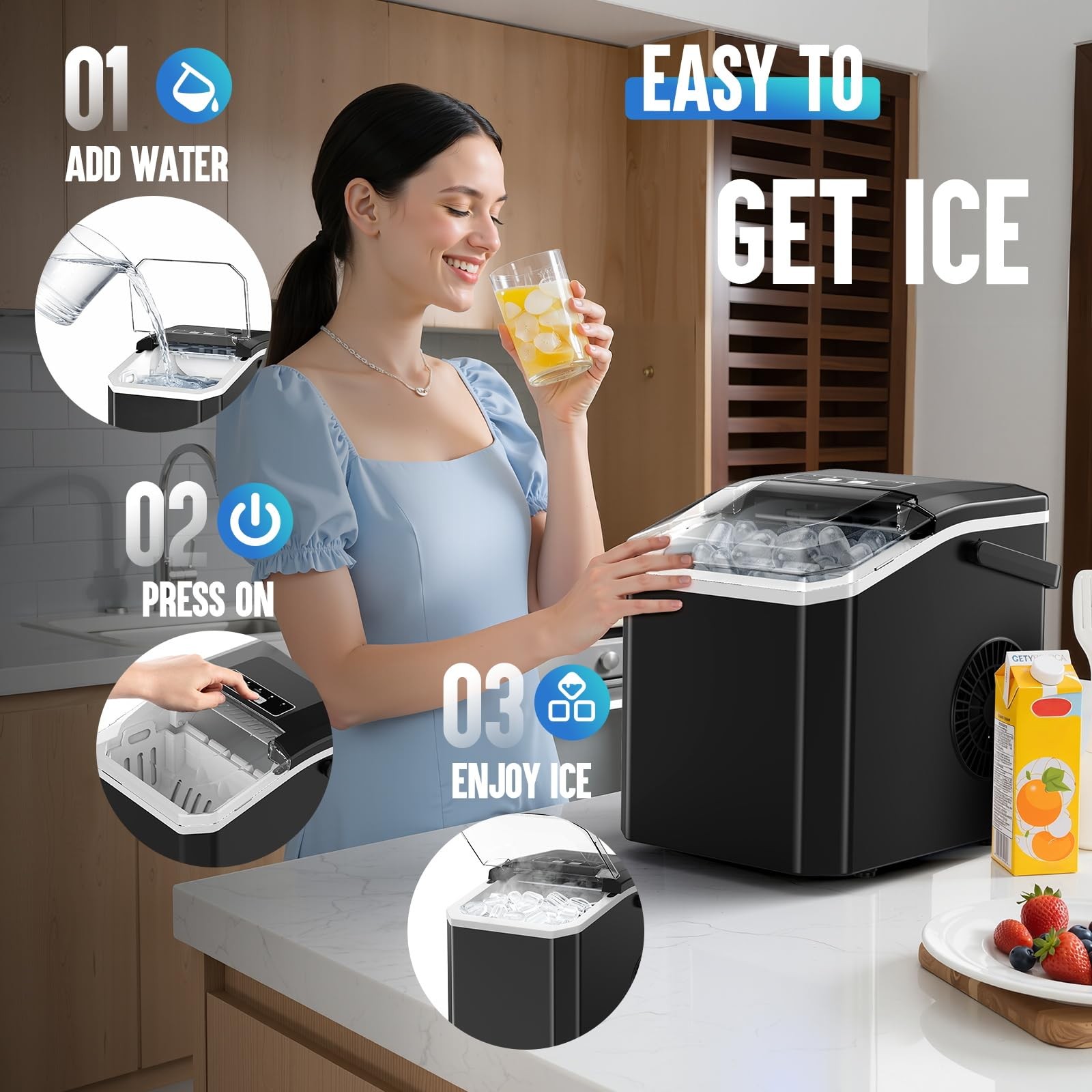 Portable Countertop Ice Maker, 26.5Lbs/24H Bullet Ice Machine, 6 Mins Fast Ic…