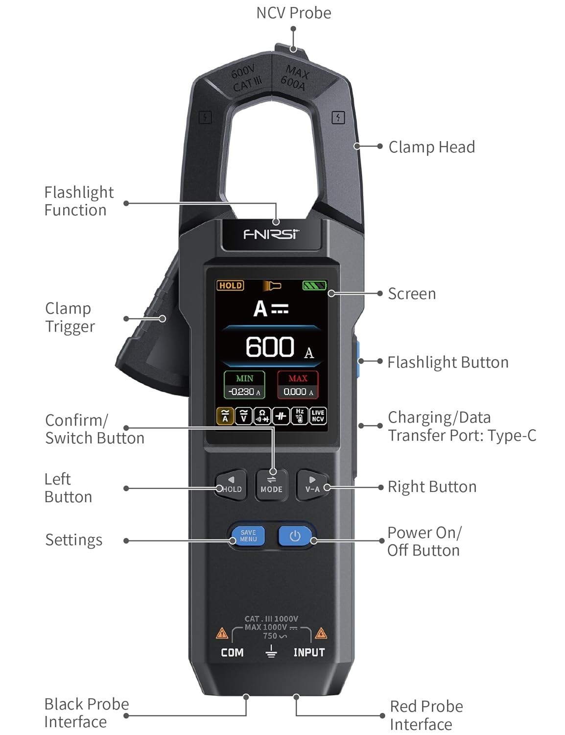 Digital Clamp Meter Multimeter TRMS AC/DC Voltage Current NCV 600A