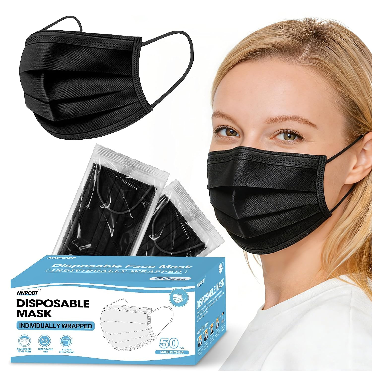 NNPCBT 100PCS 3 Ply Black Disposable Face Mask Filter Protection Face Masks