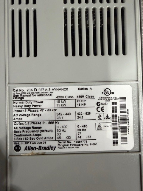 Allen Bradley 20HP 480 VAC 27A VFD Powerflex 70 20AD027A3AYNANC0 Series A