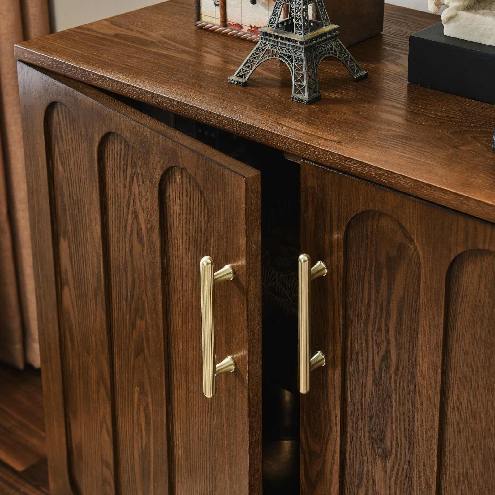 Vintage Fluted Accent Cabinet Walnut Double Door Adjustable Shelves Gold Handles