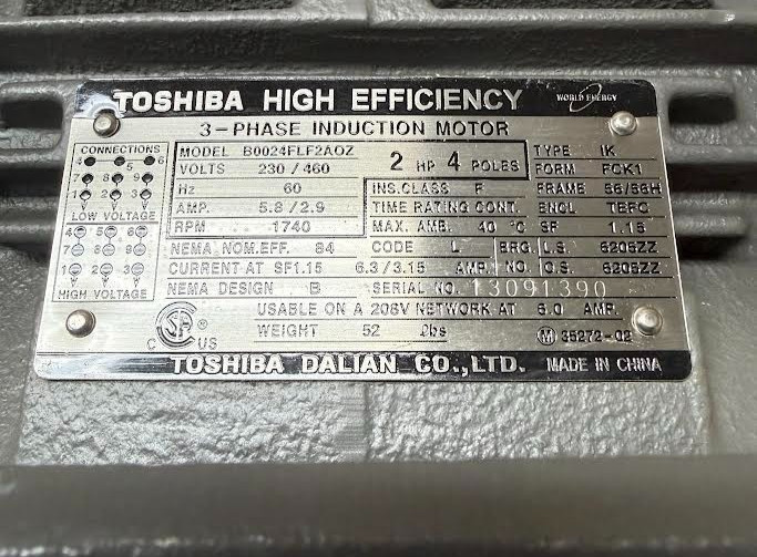 Toshiba B0024FLF2AOZ 2 HP 3-Phase Induction Motor 1740 RPM TEFC 56 Frame – NIB