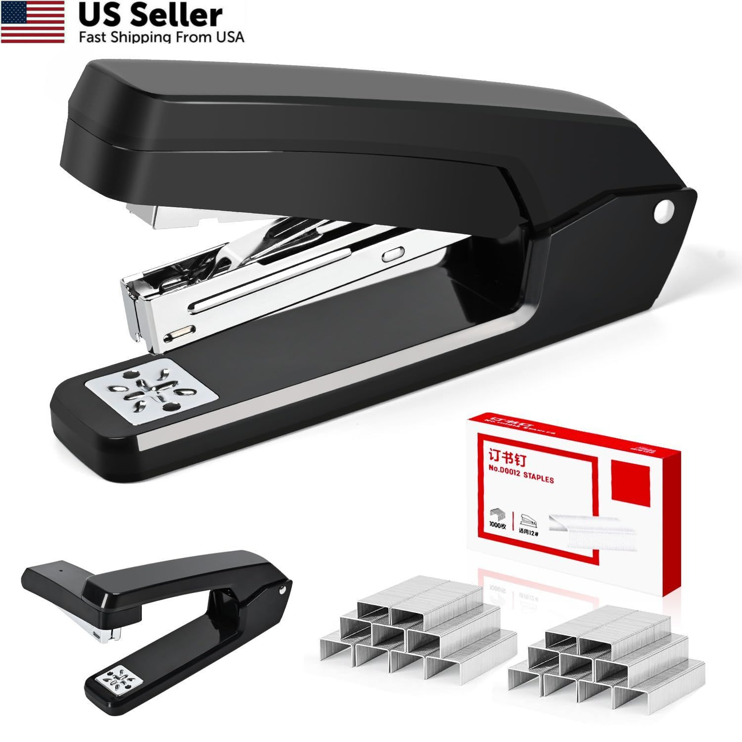 MJMX 360° Rotating Swing-Arm Stapler, 25-Sheet Capacity, with 1000 Black