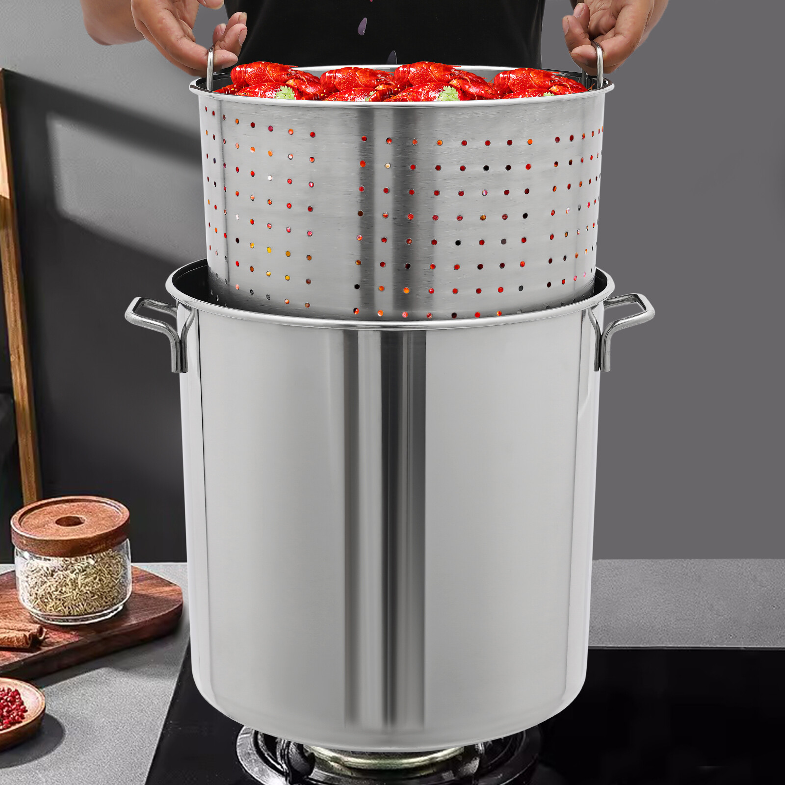 40L/42.27Qt Seafood Boil Pot Stainless Steel Shrimp Boil Stock Pot w/ Basket