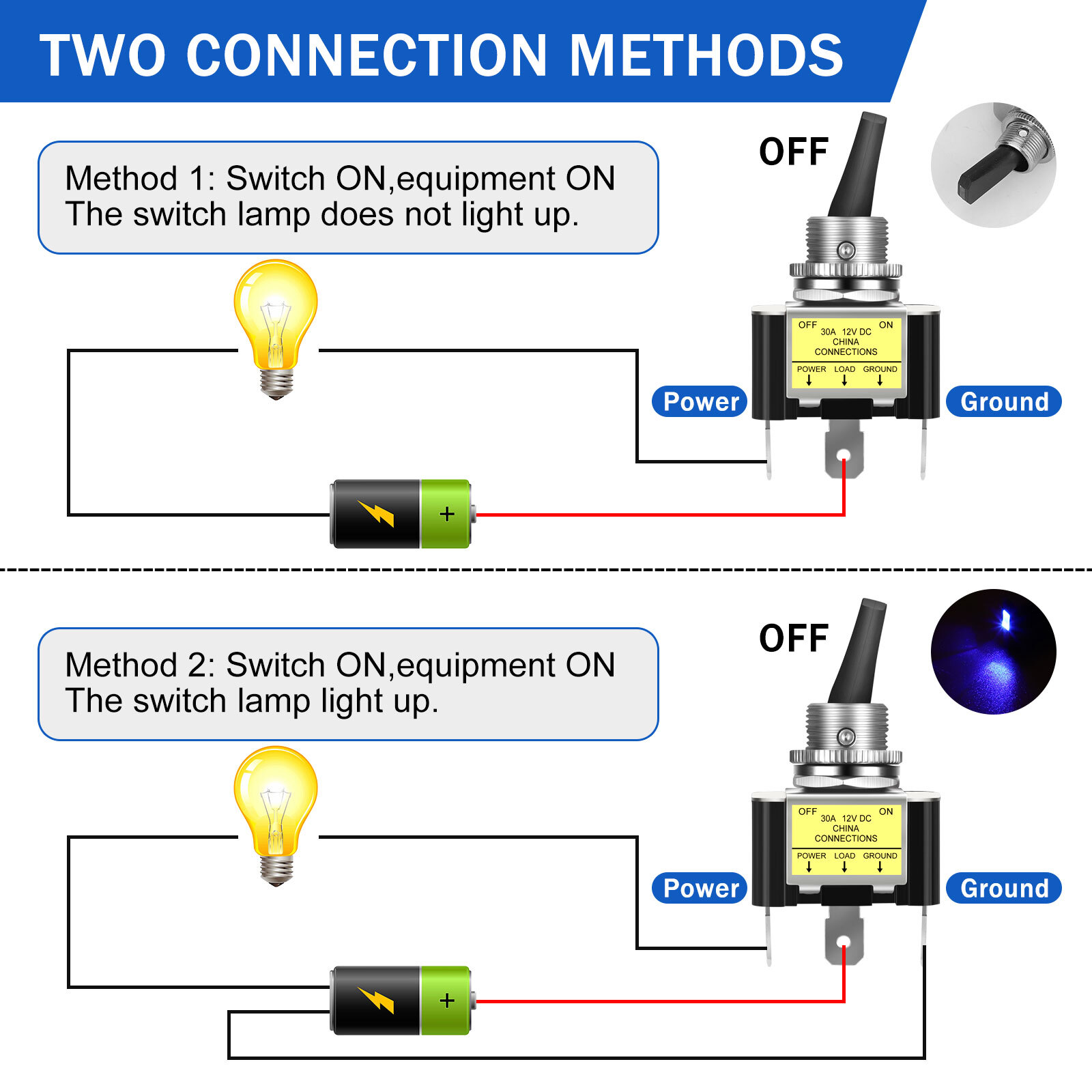 2x Blue LED Light 3Pin Rocker Toggle ON/Off Switch 30A 12V for Car Boat Marine