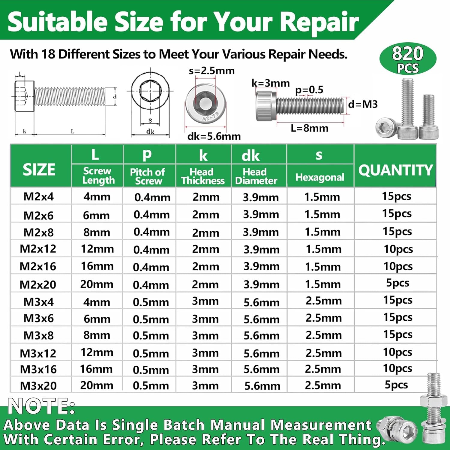 820PCS M2 M3 M4 Screws Nuts Set Stainless Steel Hex Bolt Assortment Kit w/Wrench
