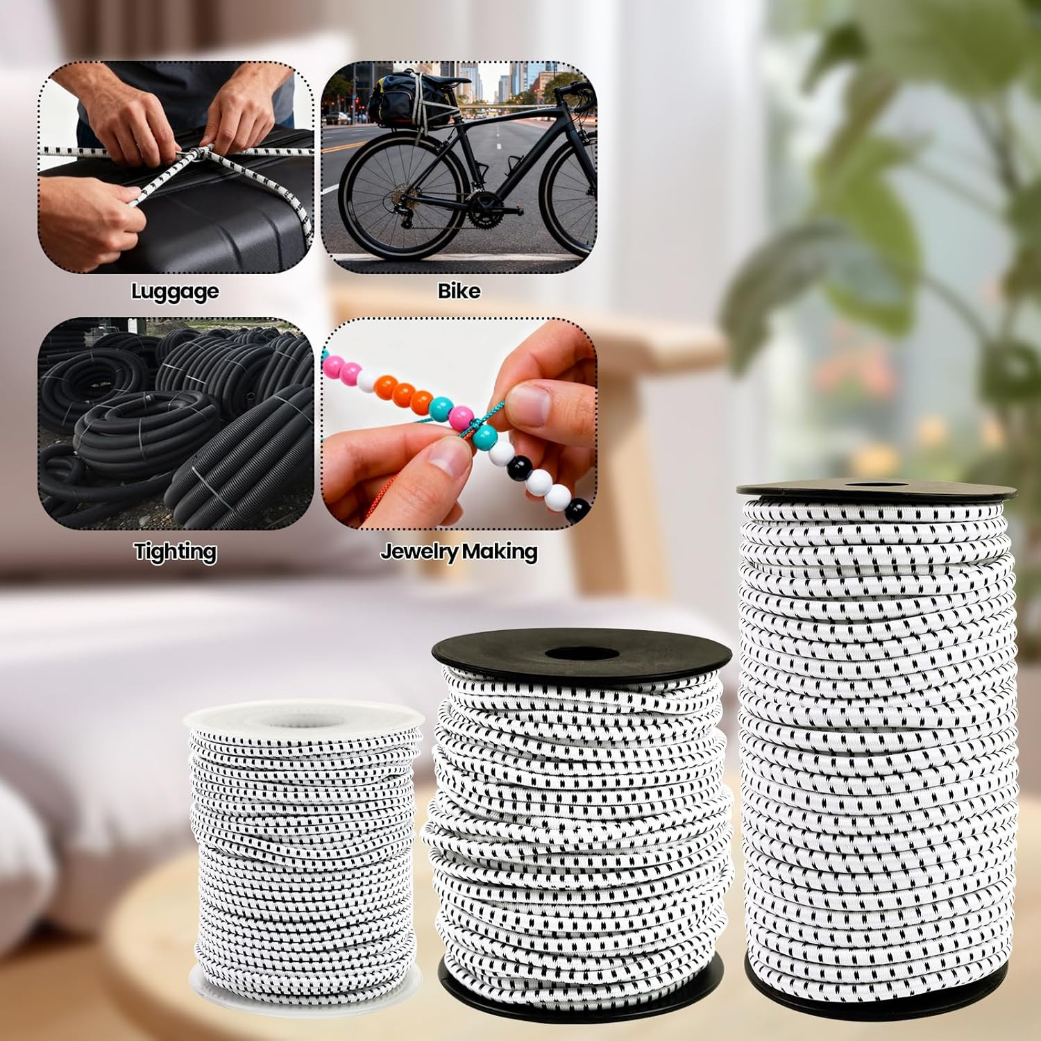 Bungee Cord Roll 1/8 Inch X 100 Feet, White Black Heavy Duty Elastic Shock Cord