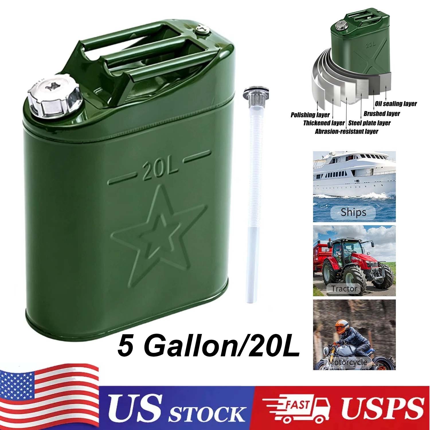 5 Gallon 20L Gasoline Army Green Jerry Can Military Metal Steel Tank Backup USA