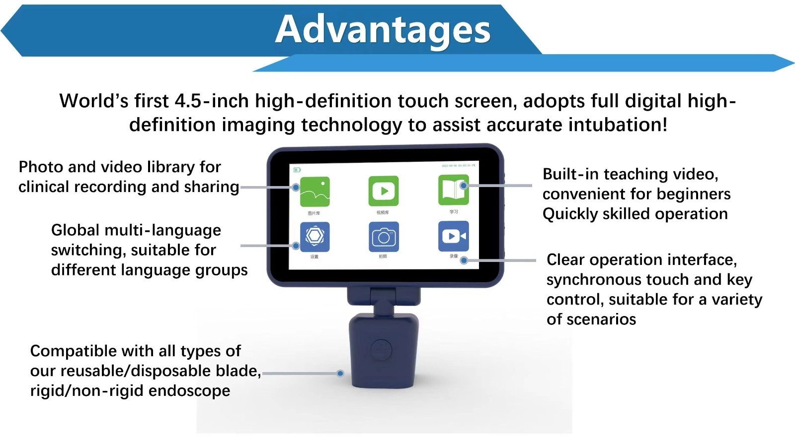 4.5 inch Touch screen Digital Video Laryngoscope Reusable Sterilizable Blades