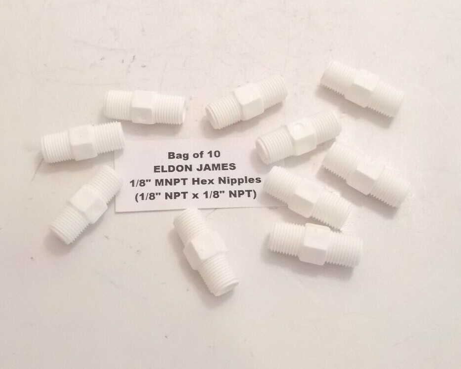 Bag of 10 ELDON JAMES 1/8″ MNPT Hex Nipples (1/8″ NPT x 1/8″ NPT) White 150 PSI