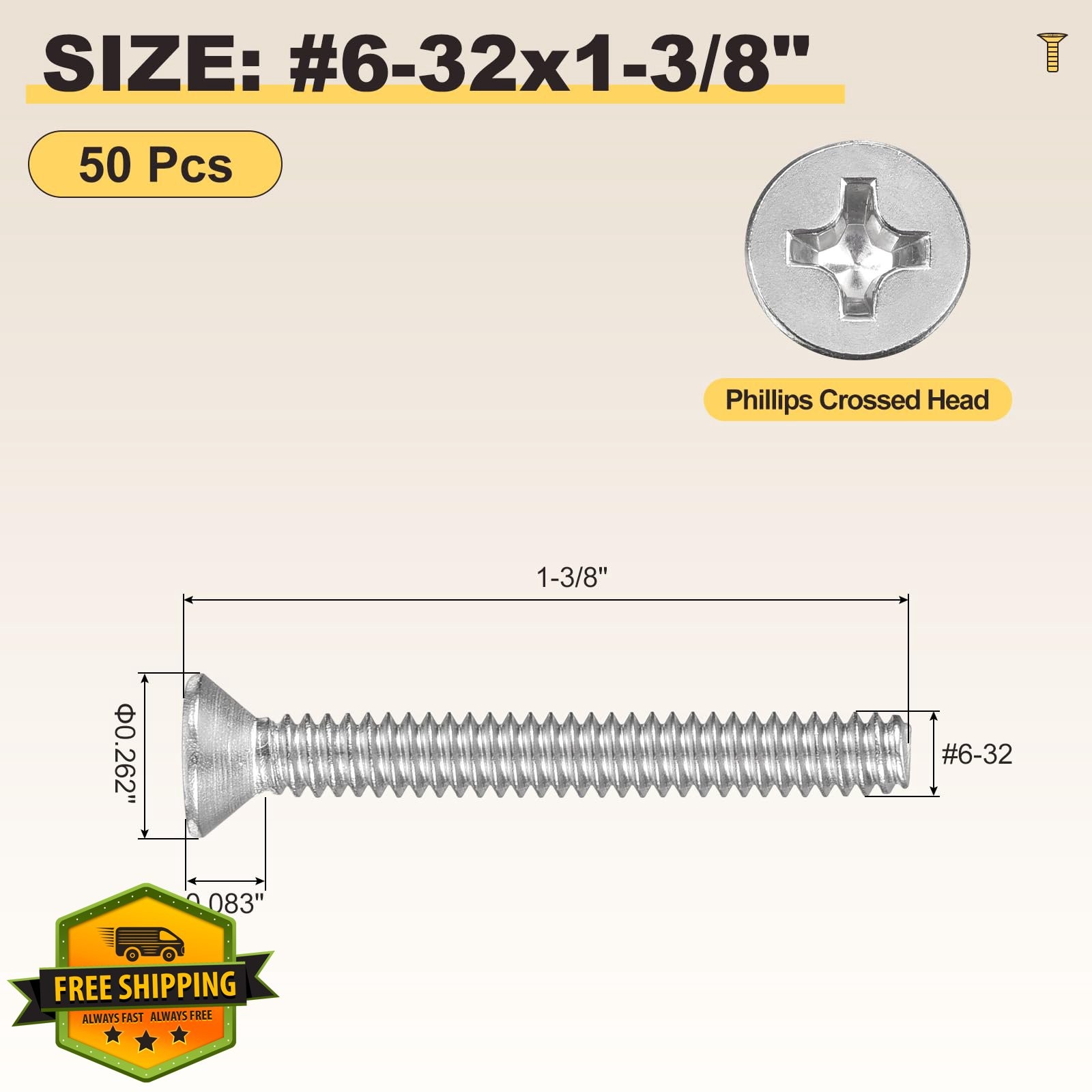 METALLIXITY Stainless Steel Flat Head Machine Screws #6-32×1-3/8 50 Pcs