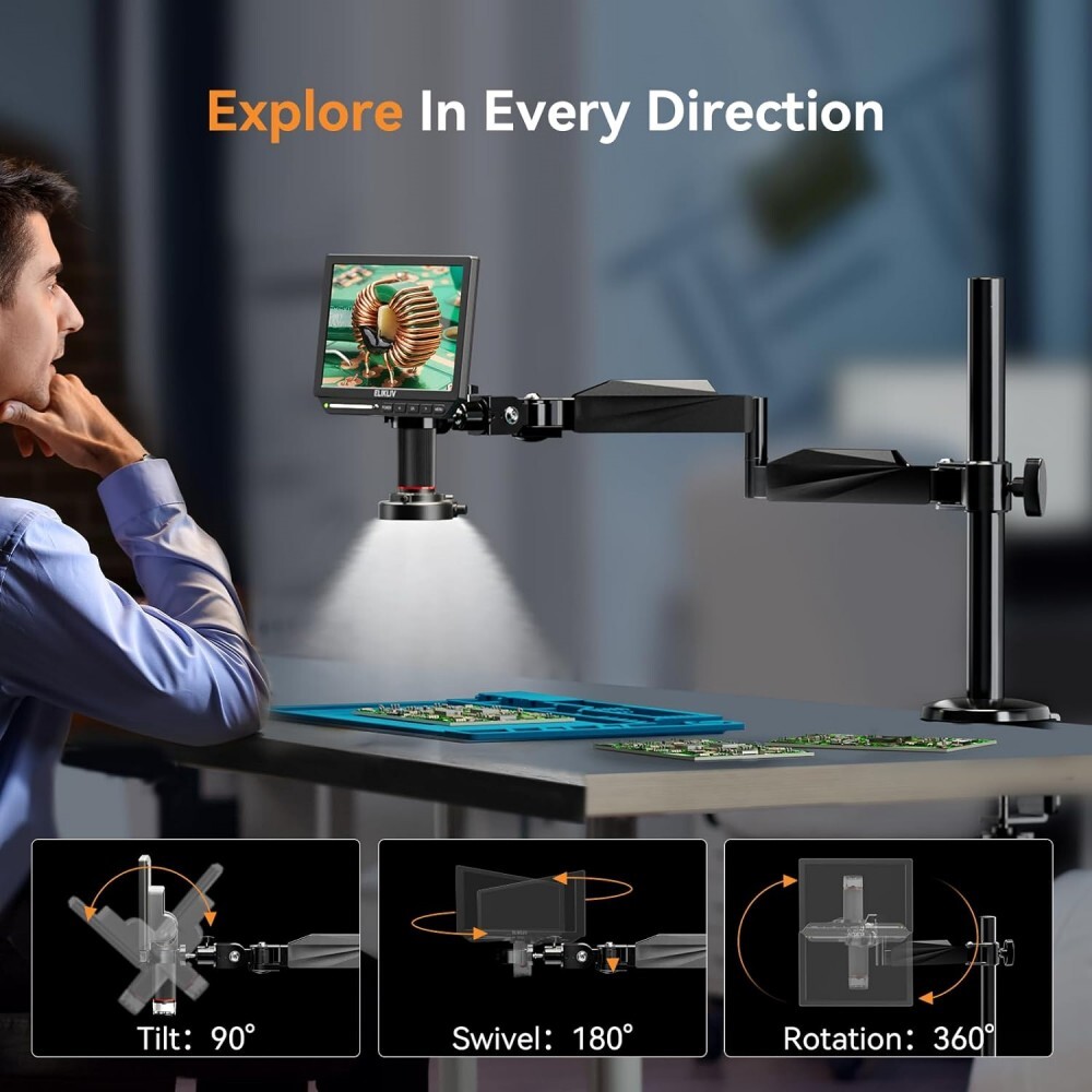 Elikliv 4K Soldering Digital Microscope 2000X 10.1» 52MP & Flexible Arm Stand