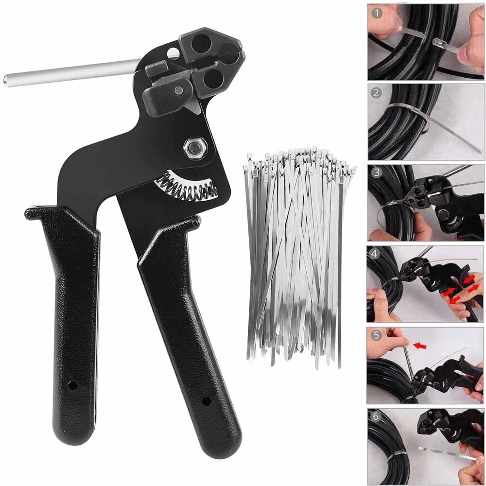 Cable Tie Tool Gun Kit Stainless Steel with 200 pcs Metal Zip Ties #E