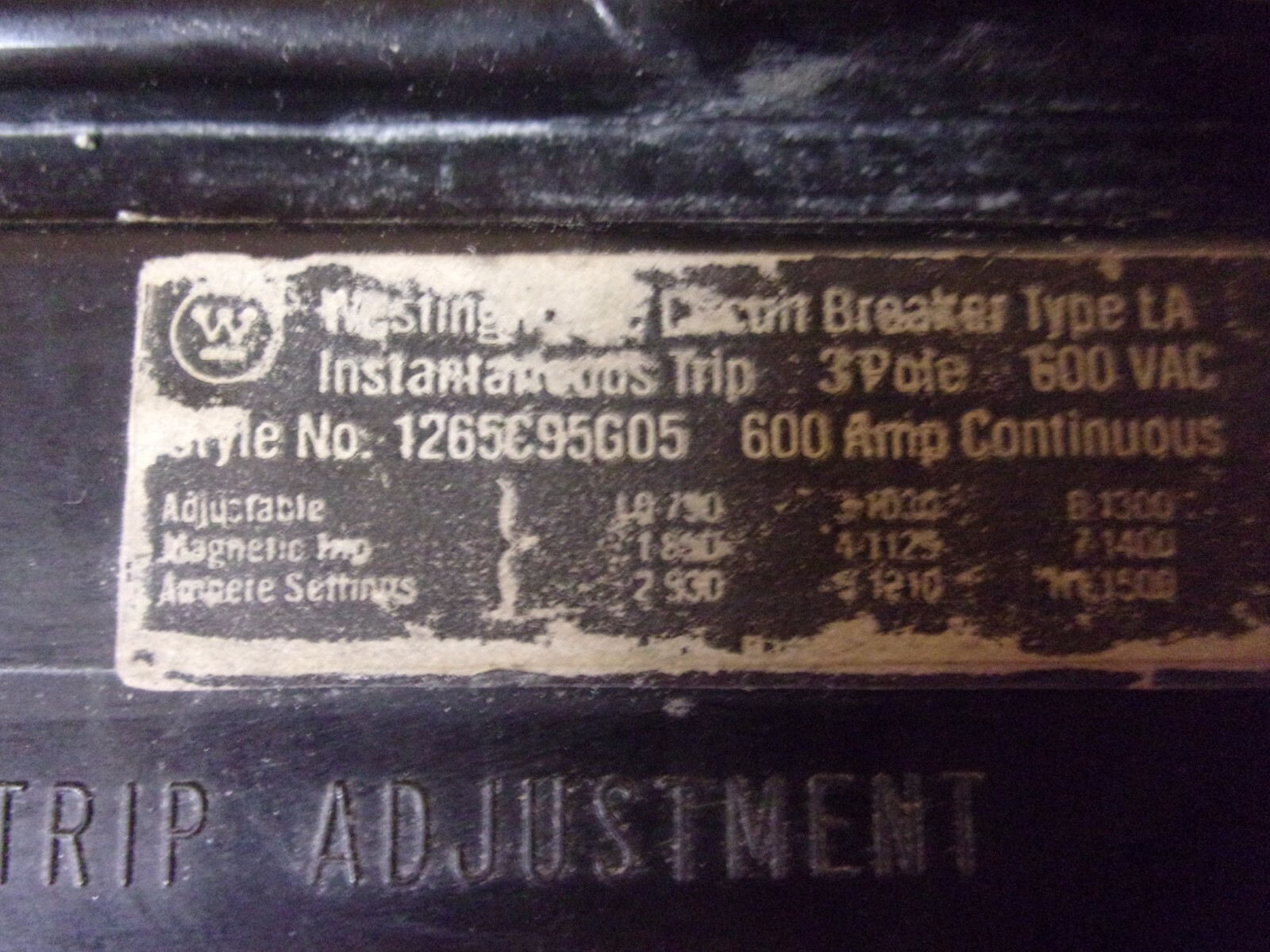 Westinghouse 1265C95G05 Circuit Breaker . 600 Amp Trip, 3P , 600VAC