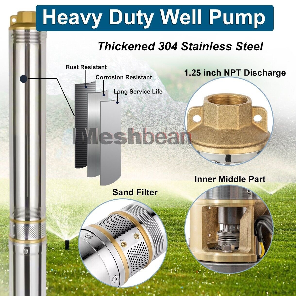 3inch 3/4 HP Deep Well Submersible Pump 110V 13 GPM 247 ft MAX 60Hz 33FT Cord