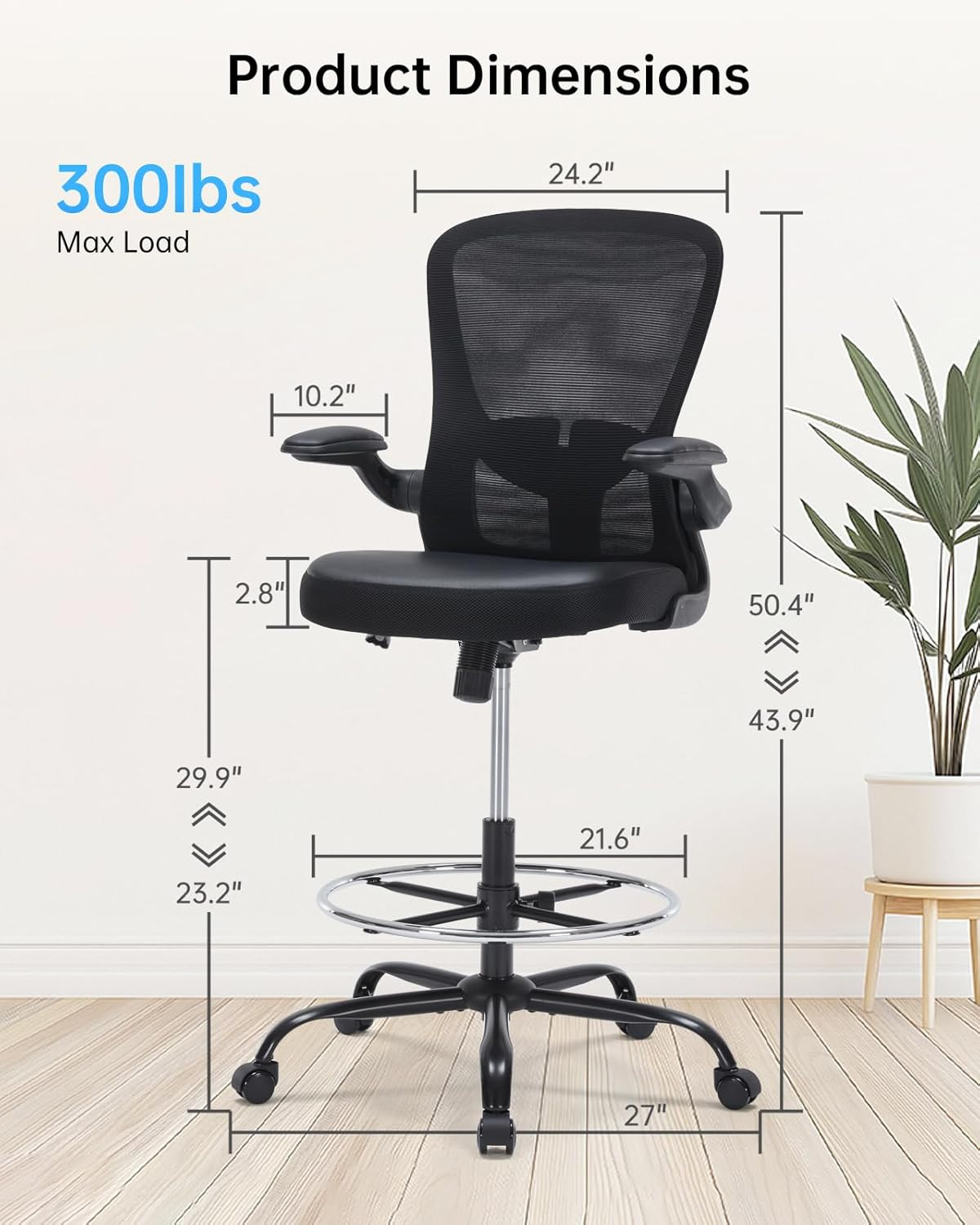 Drafting Chair Tall Office Chair with Flip-Up Arms Adjustable Height Standing De