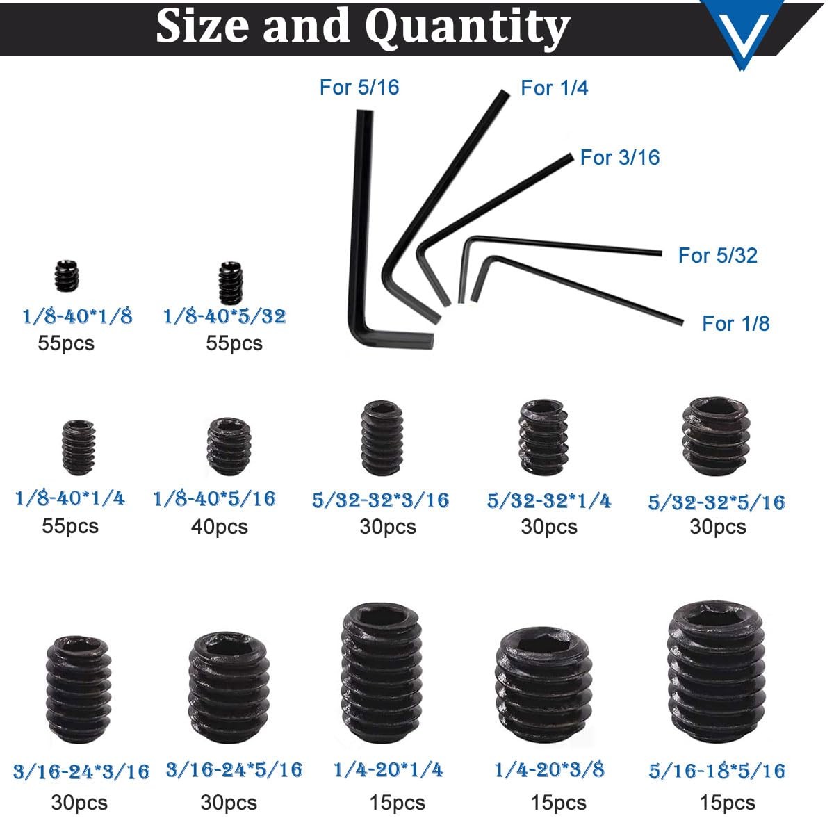 400Pcs SAE Set Screws Assortment Kit with Allen Keys,12 Size 12.9 Class Alloy St