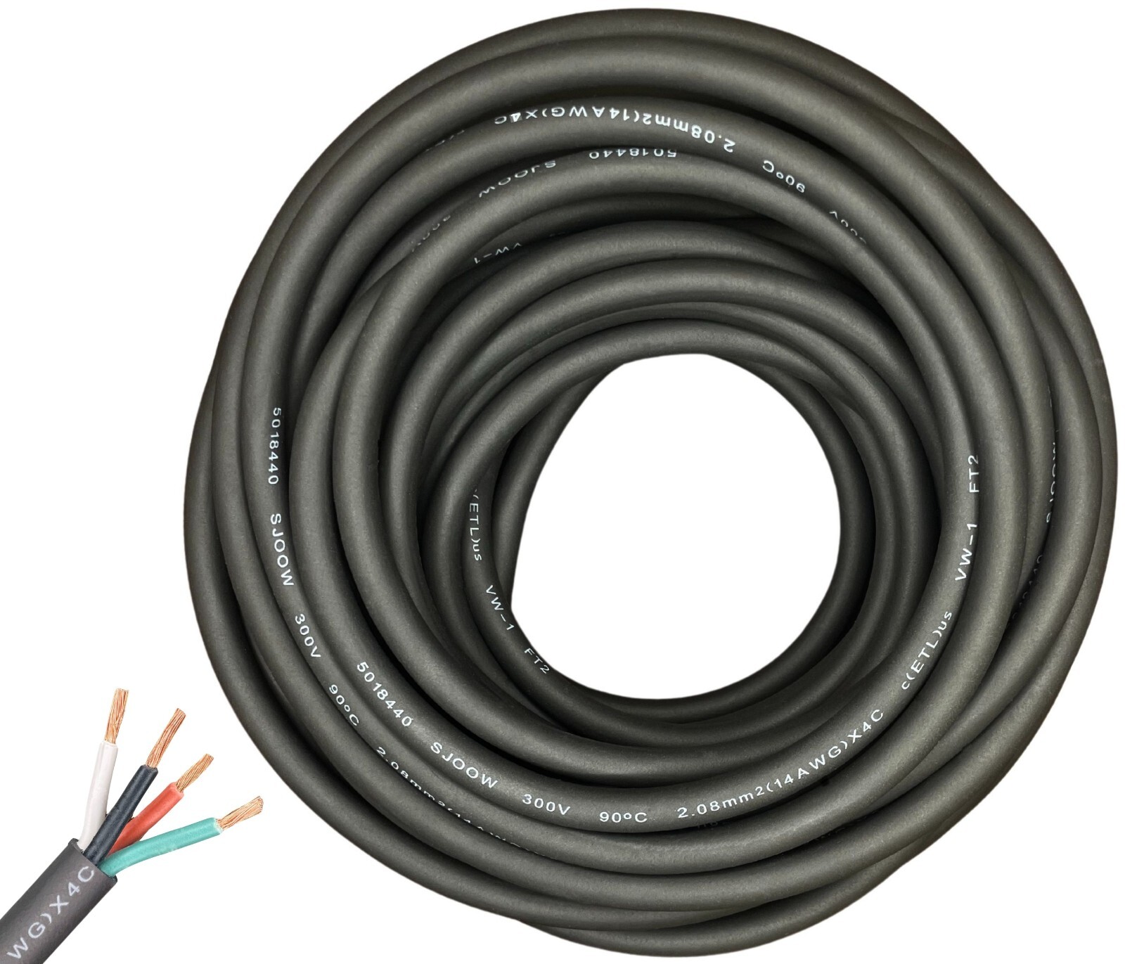 WindyNation 14/4 14 AWG 4 Conductor SJOOW Cable Cord Wire 300V Portable Power