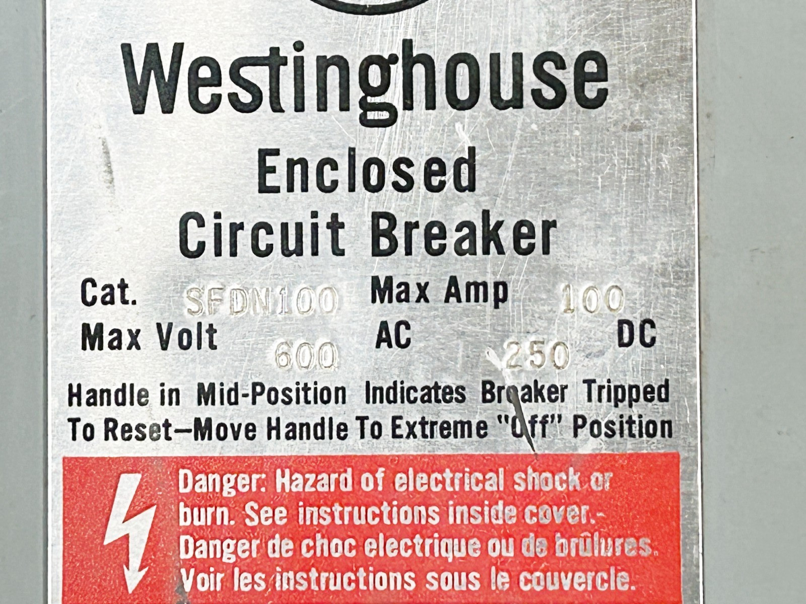 Westinghouse SFDN100 Circuit Breaker Enclosure 15-100A 600V Nema 1