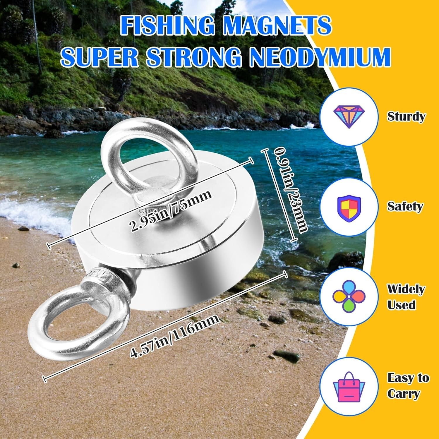1000LBS Magnet Fishing Kit, 2.95″ Double Hole Fishing Magnet Kit with Rope
