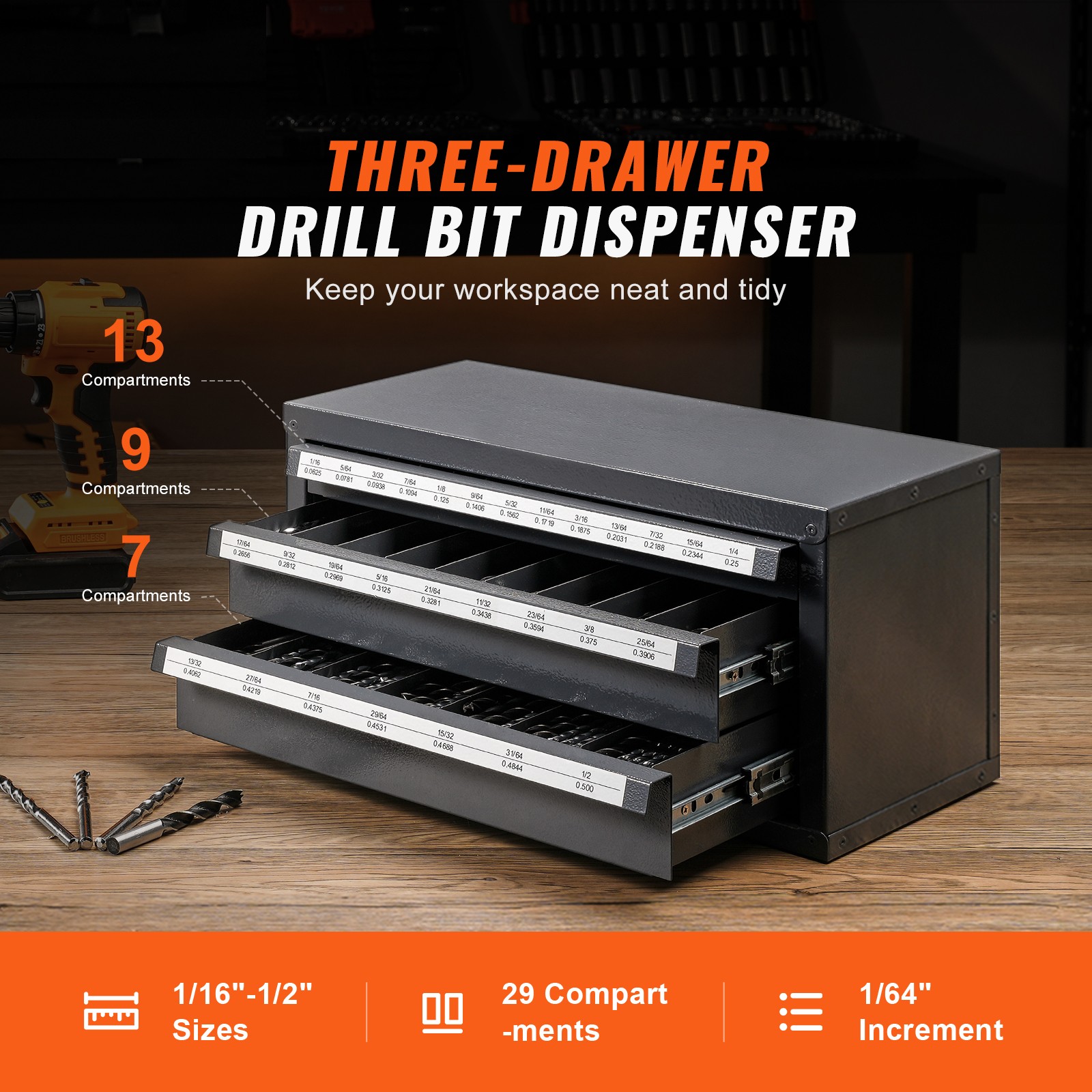 VEVOR Drill Bit Dispenser Organizer Cabinet Three-Drawer for 1/16in to 1/2in