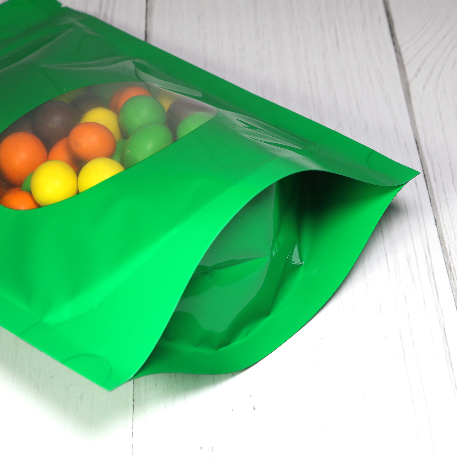 Reusable Glossy Green Stand-Up Zip Seal Pouch w/ Window in Many QTY (6.3×8.7″)