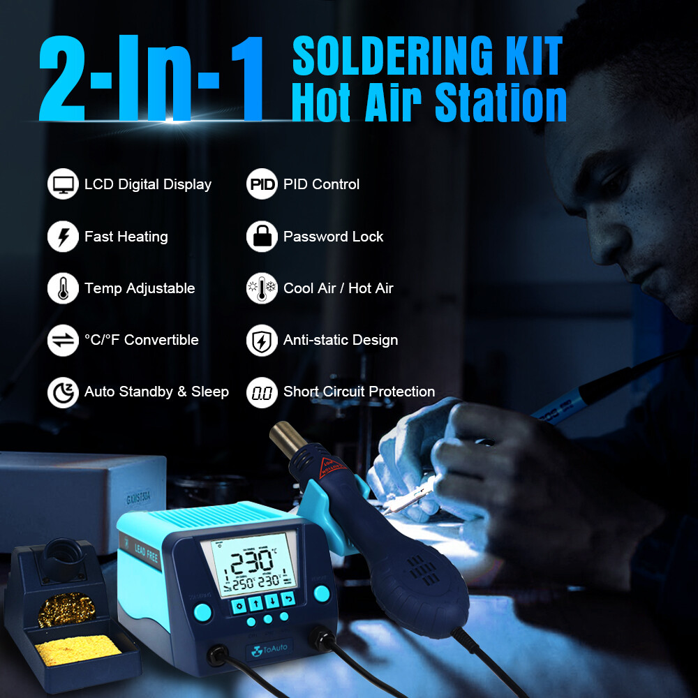 TOAUTO Soldering Station 2 in 1 Iron Hot Air Gun Rework Station Kit LCD Display