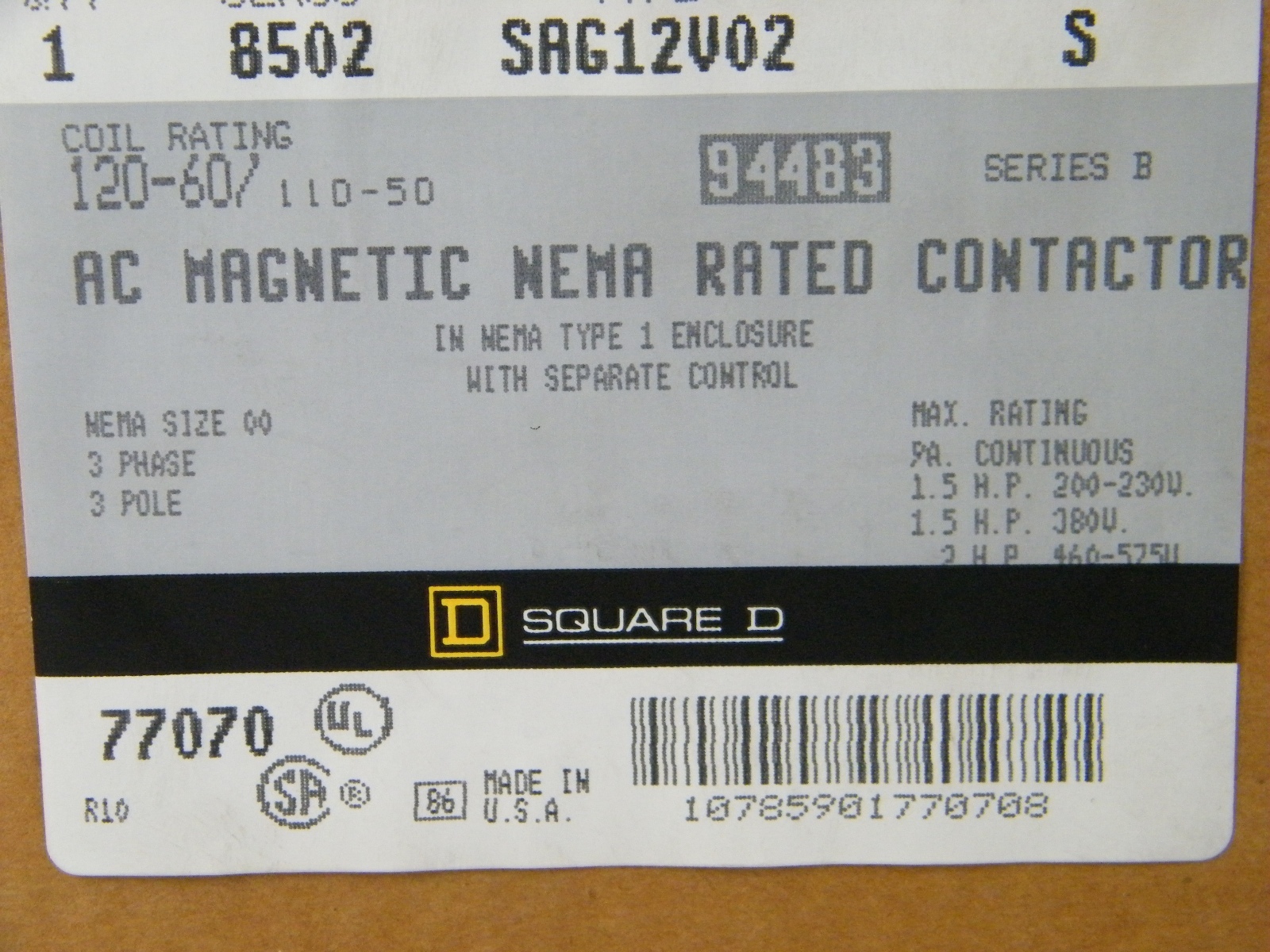 SQUARE D AC MAGNETIC NEMA RATED CONTACTOR CLASS 8502 TYPE SAG12V02 3 PHASE 3 POL