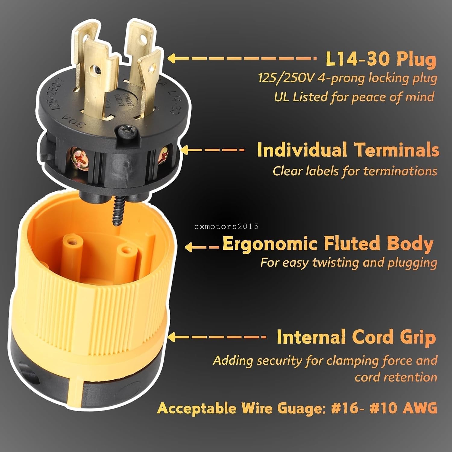 NEMA L14-30P Male Plug 30A 125/250V Twist Lock 4 Prong Generator Locking Plug UL