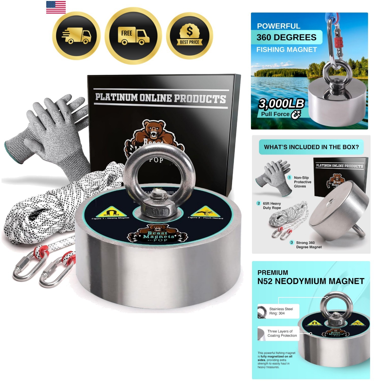 3000lb Complete 360 Degree Magnet Fishing Kit | Includes Strong 360 Neodymium…