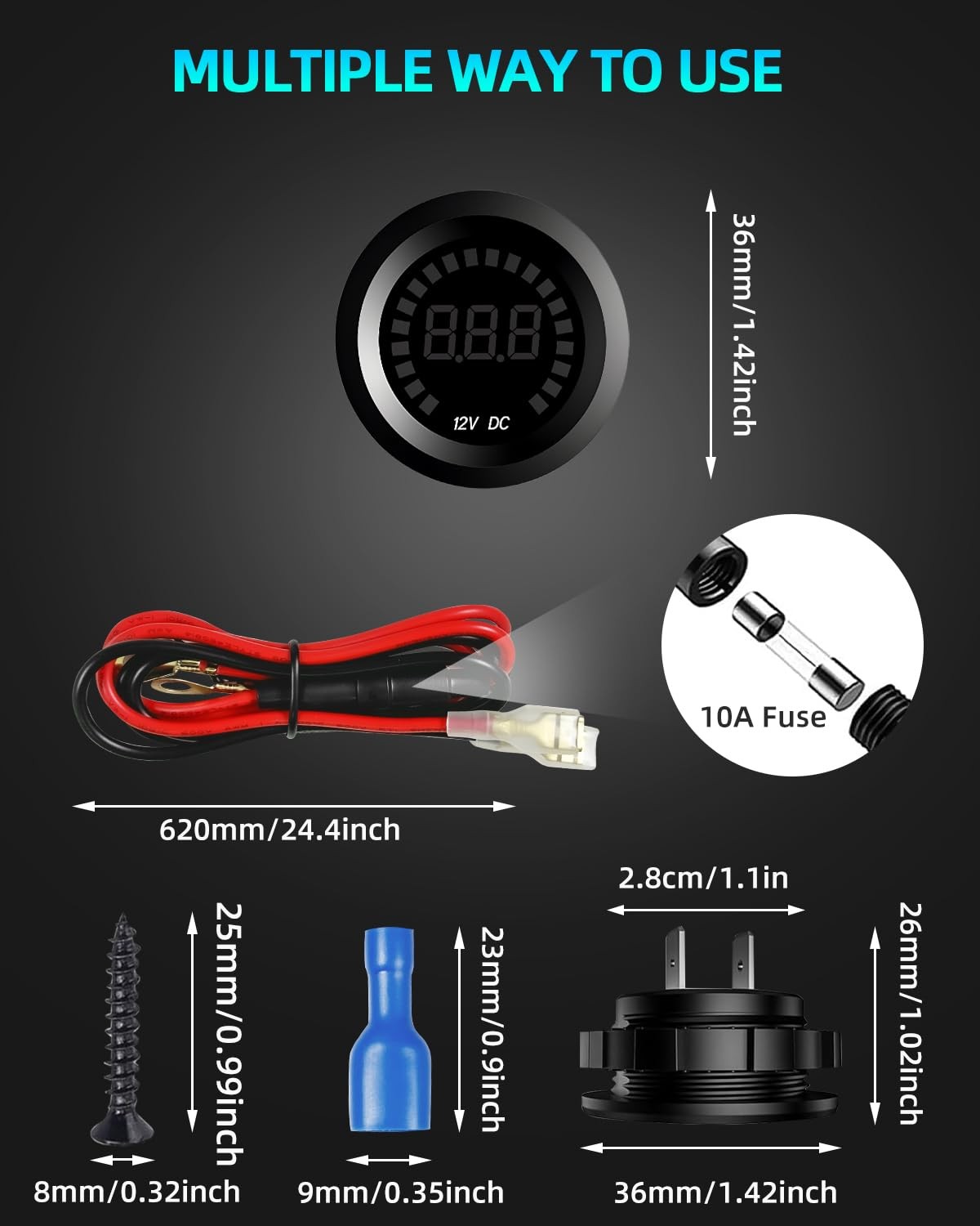 2PCS Waterproof DC 12V Voltage Meter, LED Digital Display Voltmeter Gauge Pan…