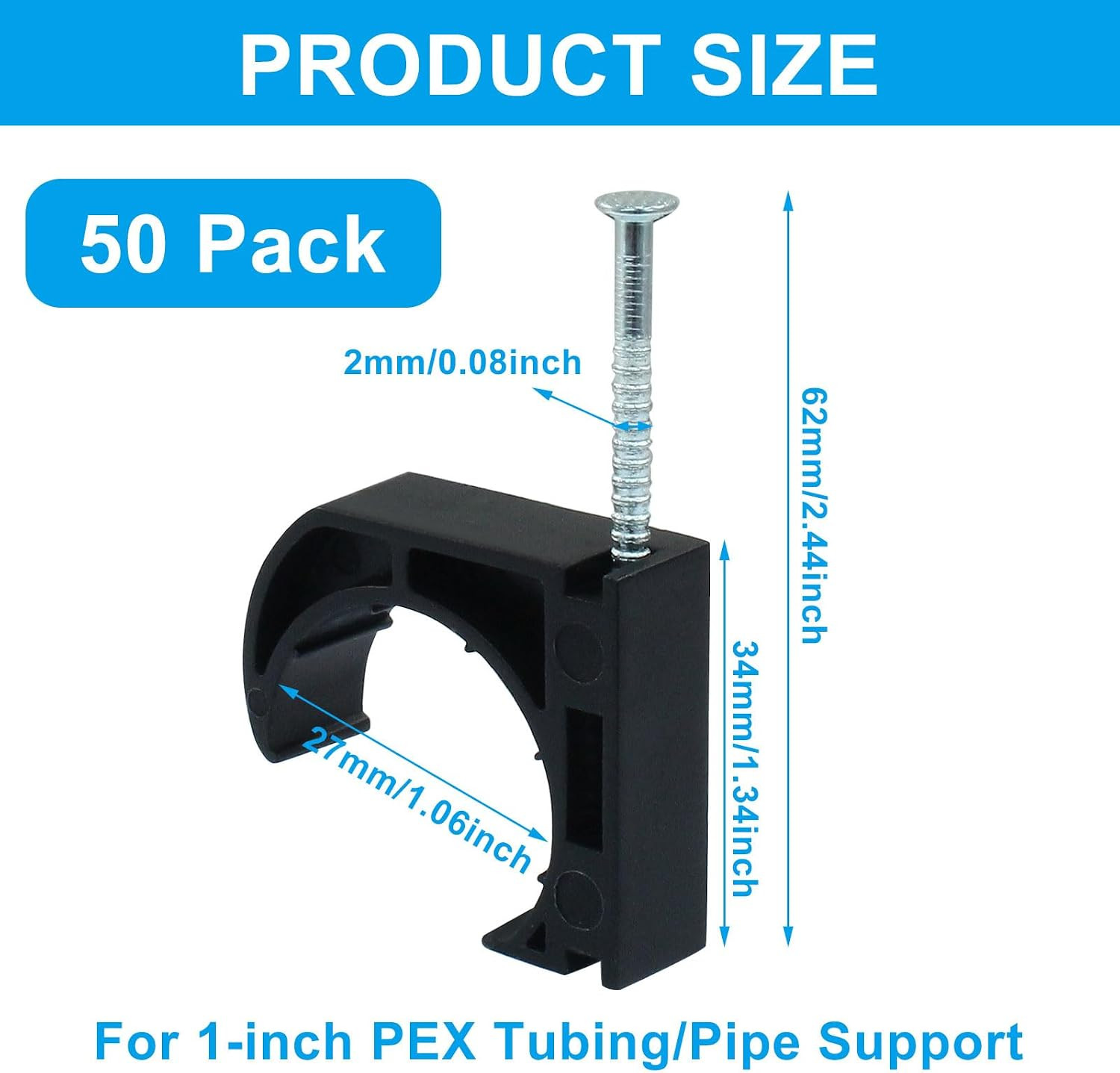 50 PCS 1″ Half Clamp Fixture Black J-Hook with Nail J Clamps For 1″ PEX Tubing/P