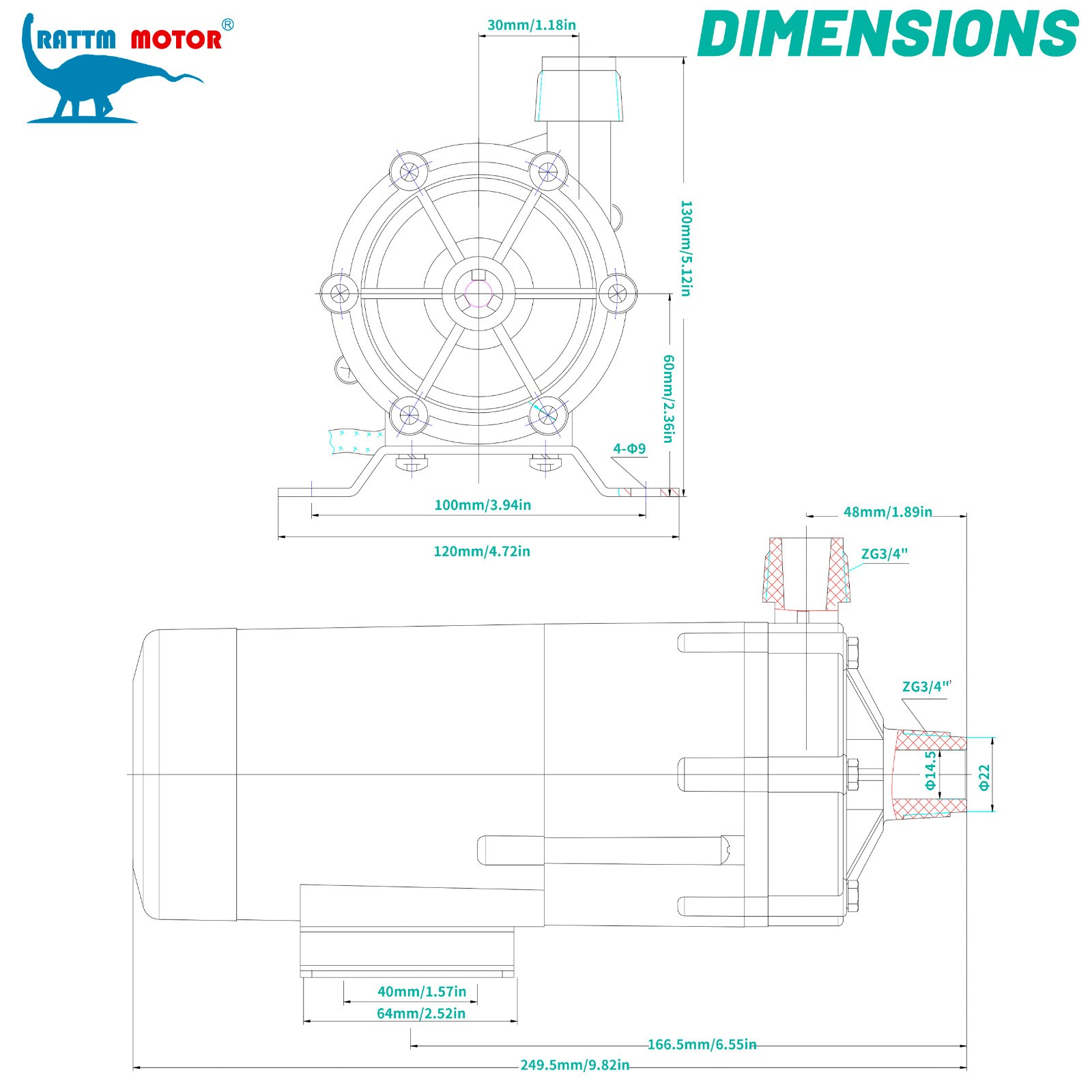 【US】65W 824GPH Magnetic Drive Pump Head 21.3ft 3000RPM 52L/min 3/4″ Thread 110V