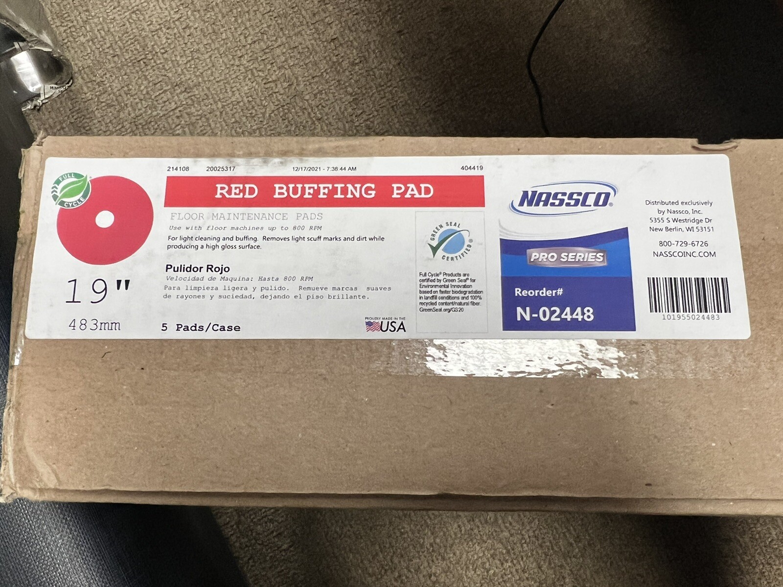 NEW NASSCO PRO SERIES RED BUFFING FLOOR PAD, 19″ 5/Cs