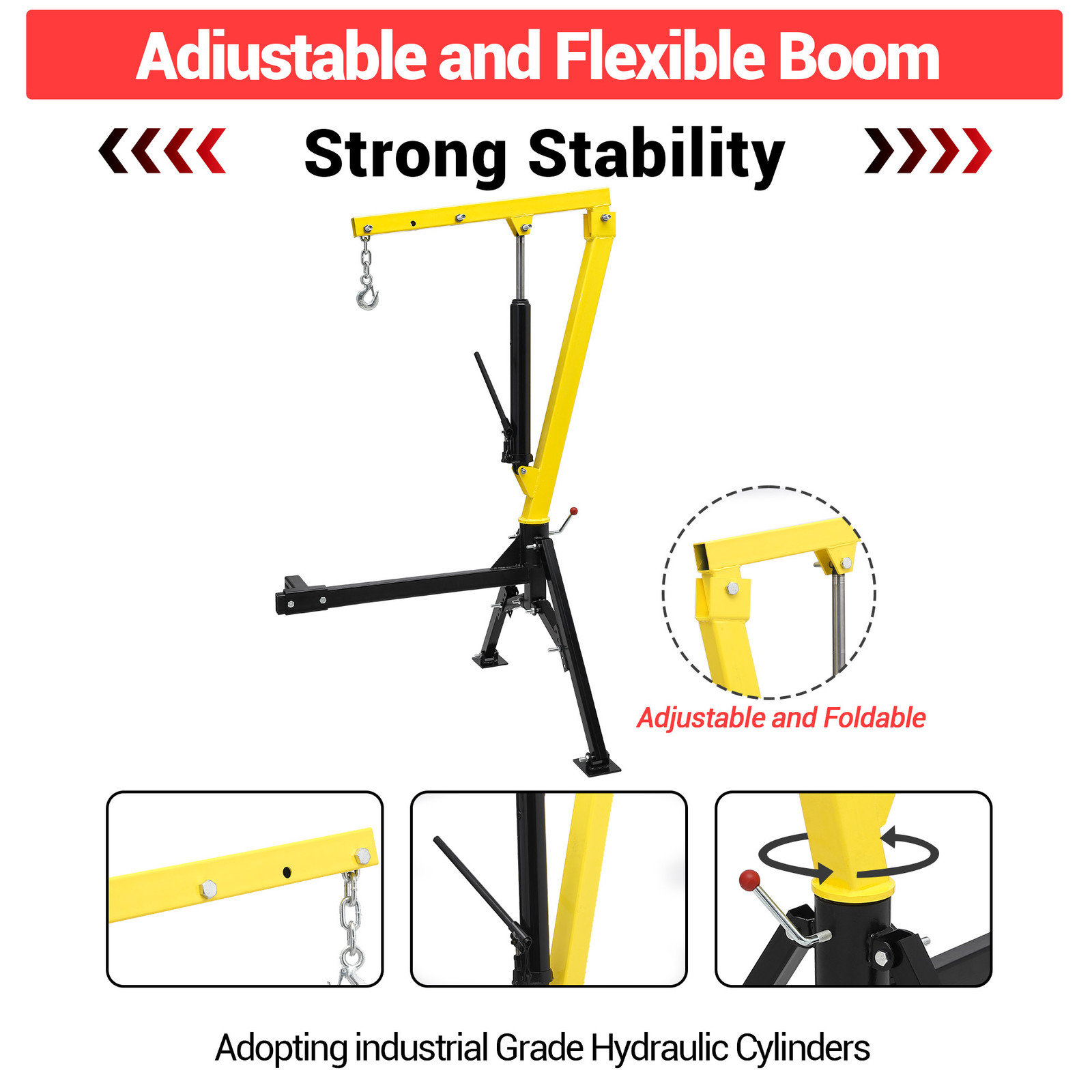 Garvee 1000Lbs Hydraulic Pickup Crane Adjustable Boom 12V Winch 360° Rotation