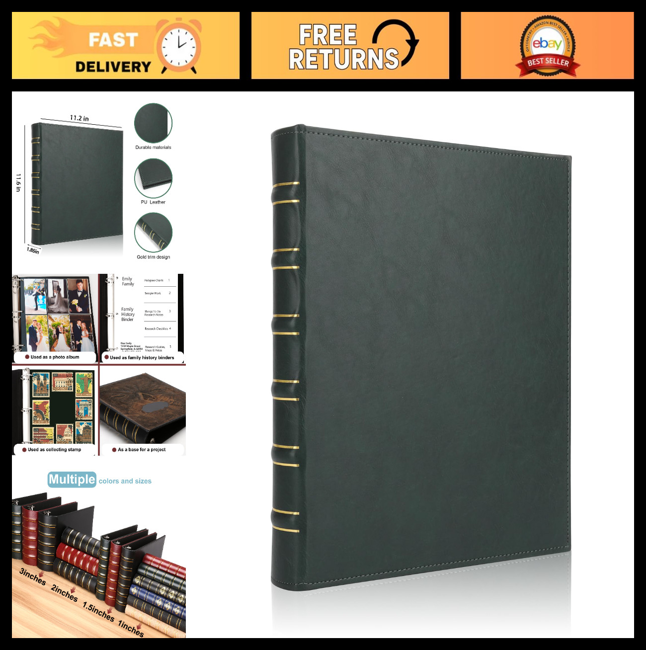 Vintage Leather 3 Ring Binder 1 Inch – Fits 8.5″ x 11″ – Dark Green D Ring Organ
