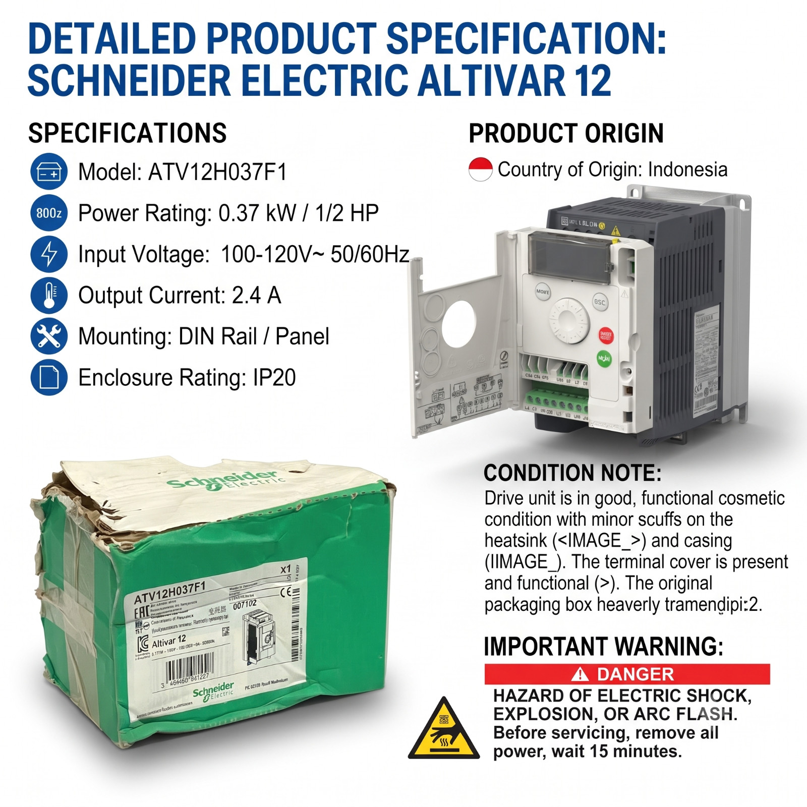 SCHNEIDER ELECTRIC ALTIVAR 12 ATV12H037F1 INVERTER 0.37KW 1/2HP 100-120V