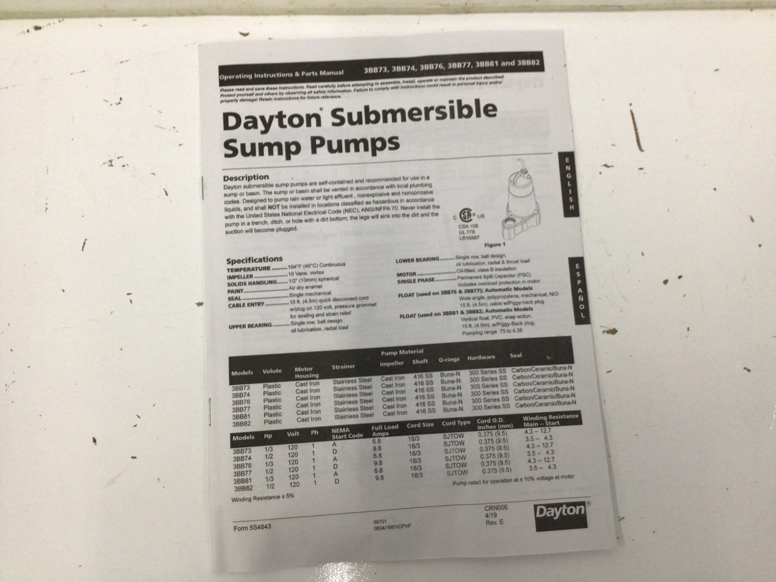 DAYTON 3BB74 HP 1/2,Sump Pump,No Switch Included 3BB74