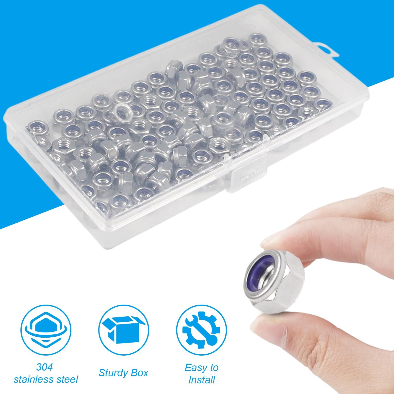 100PCS M5 Locknuts M5x0.8mm Nylon Insert Hex Lock Nuts 304 Stainless Steel Me…