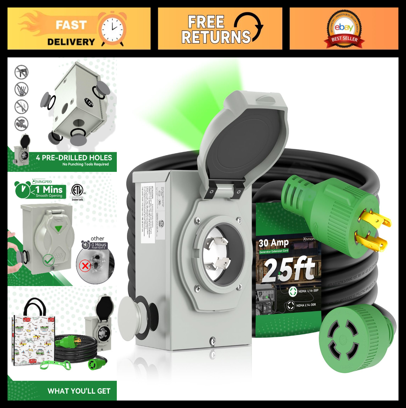 30FT 30 Amp Generator Cord & Power Inlet Box Combo Kit, Waterproof, ETL Listed