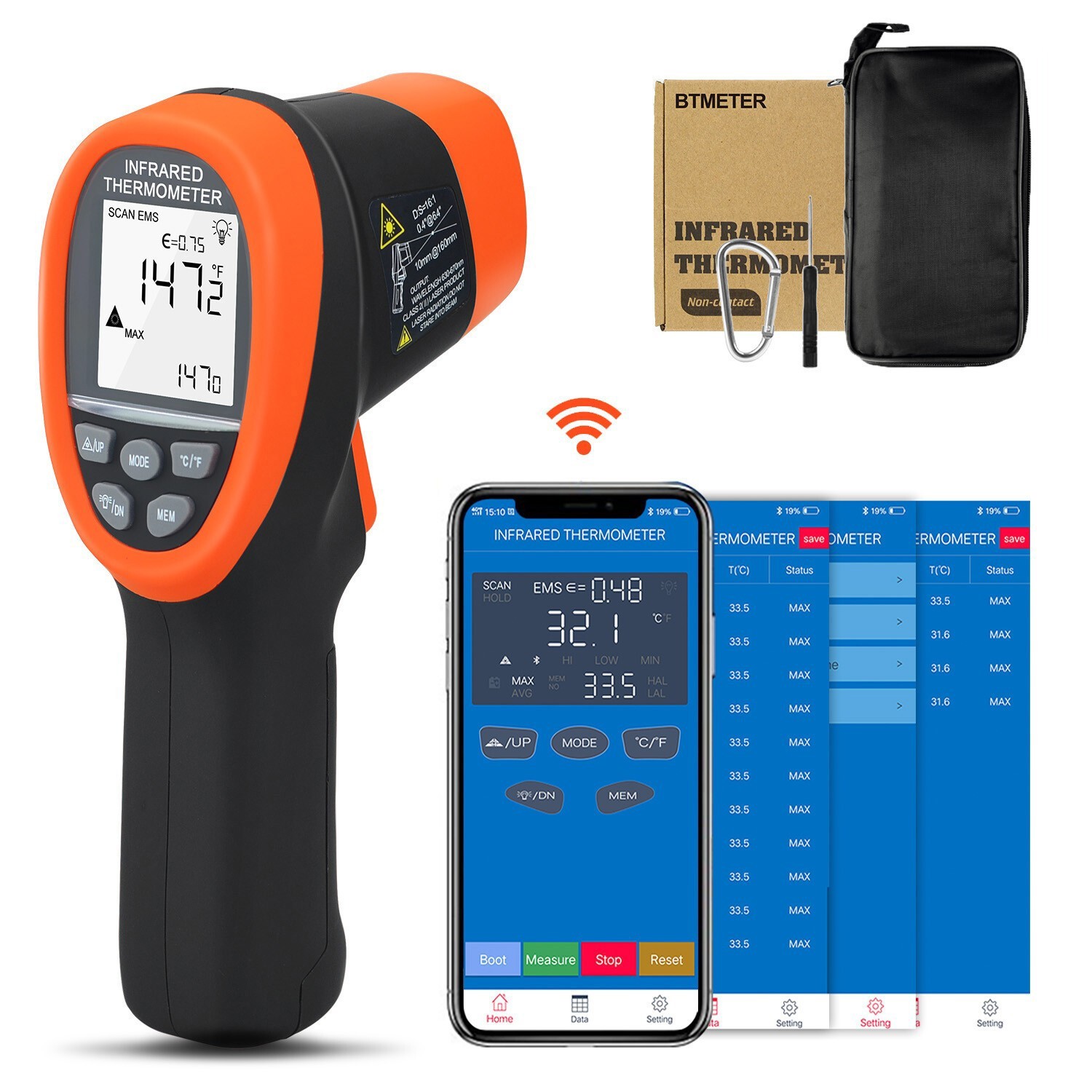Laser IR Thermometer Non-Contact 16:1 Adjustable Emissivity MAX/MIN/AVG