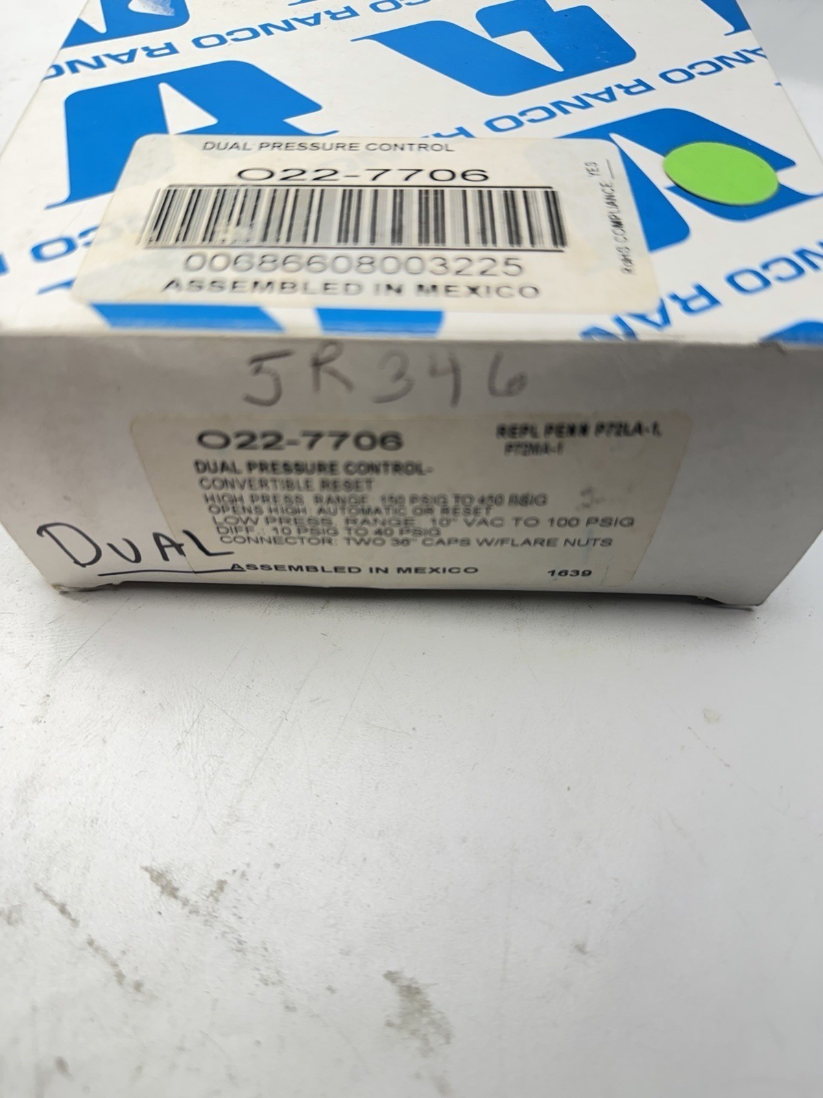 Ranco 022-7706 Dual Function Pressure Refrigeration Control O22-7706