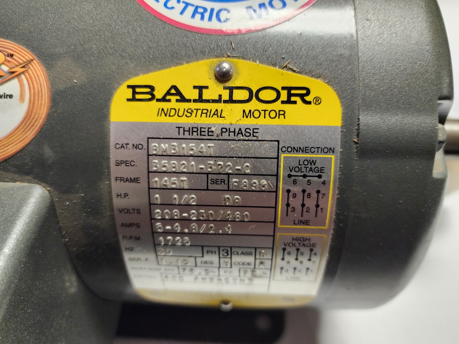 Baldor 1-1/2 HP 3 Ph. 1725 RPM Inverter Duty Brake Motor 145T Cat No. BM3154T
