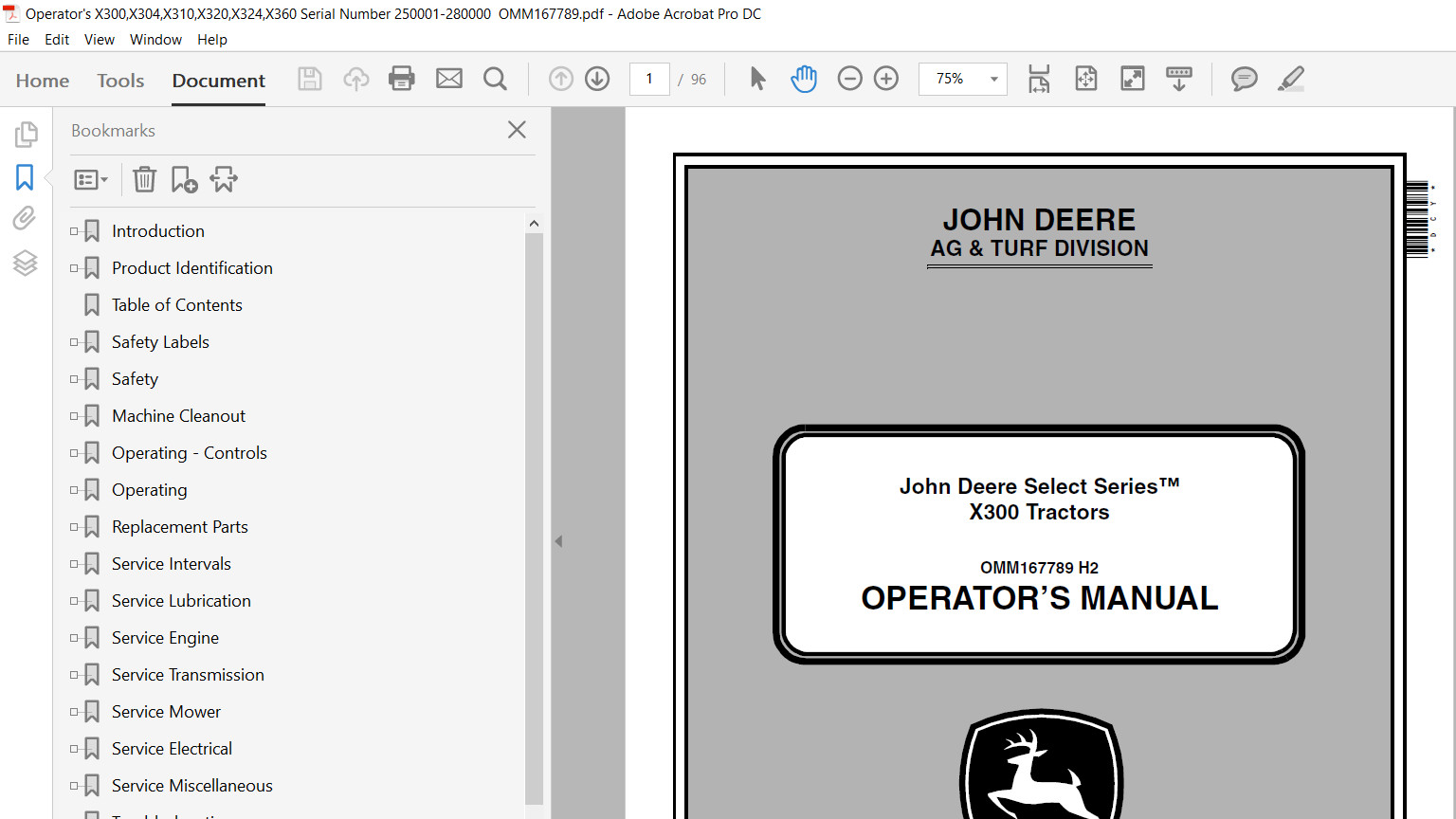 John Deere X300 X304 X310 X320 X324 X340 X360 Technical & Operator’s Manual USB
