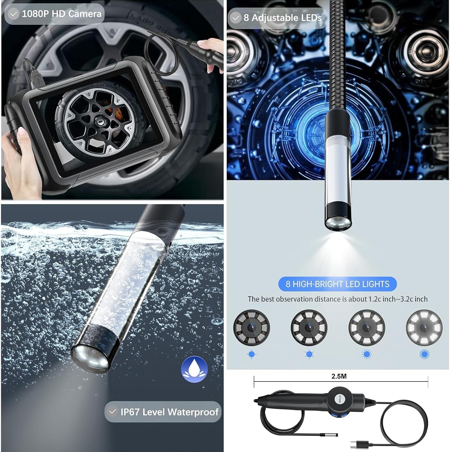 4.9FT Inspection Camera 1920×1080 HD 8.5mm Probe Waterproof Borescope
