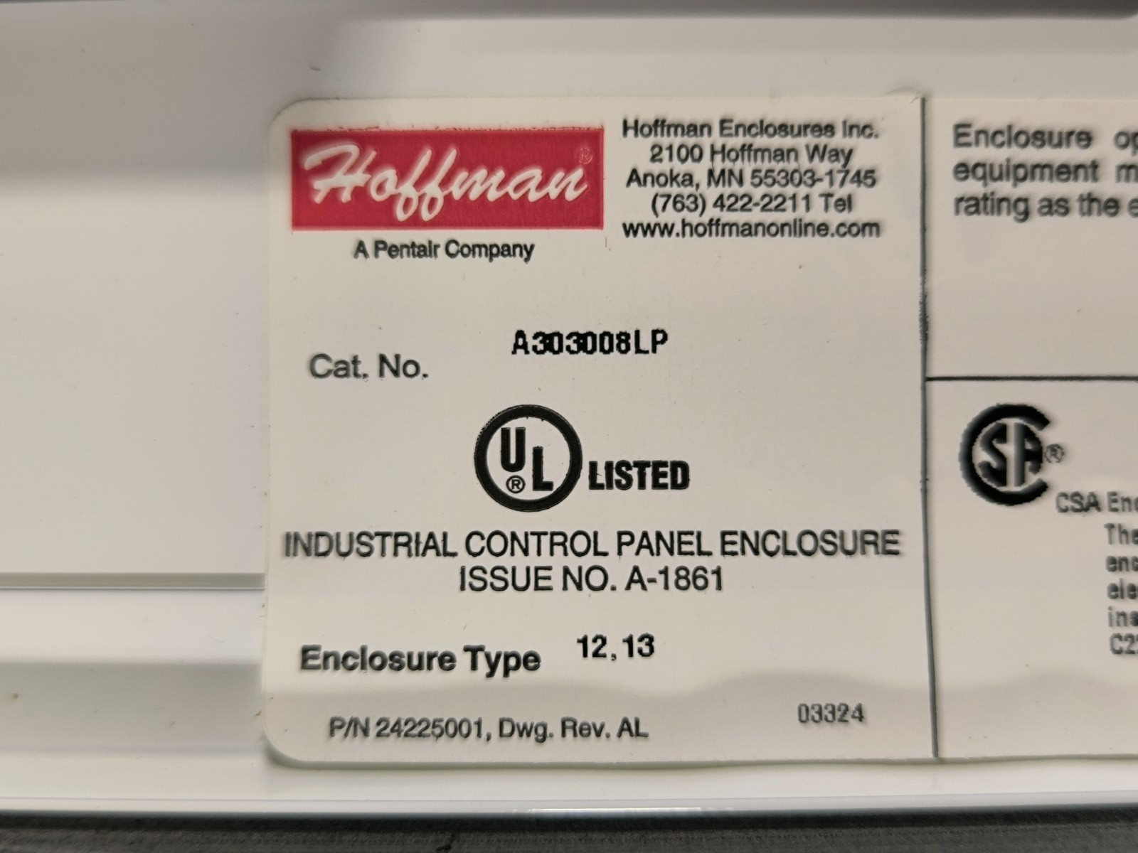 Hoffman A303008LP Industrial Control Panel Enclosure Type 12 13 Rainproof 30″